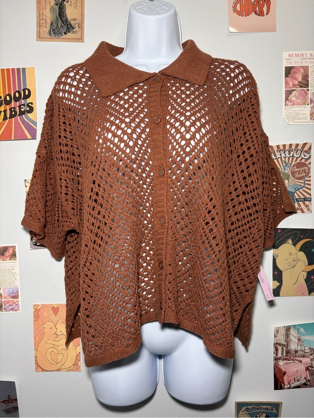 wild fable Open-Knit Button Front Poncho in Rust Brown